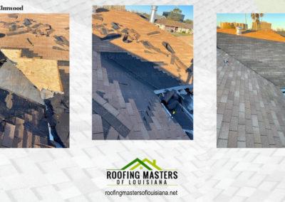 A triptych of photos showing various stages of roof damage, with a logo for roofing masters of louisiana at the bottom center.