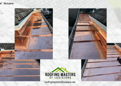 A collage showing various stages of a shiny new copper roof installation by roofing masters of louisiana.