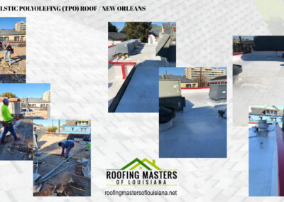 A collage showcasing different stages of a thermoplastic polyolefin (tpo) roofing installation in new orleans by roofing masters of louisiana.