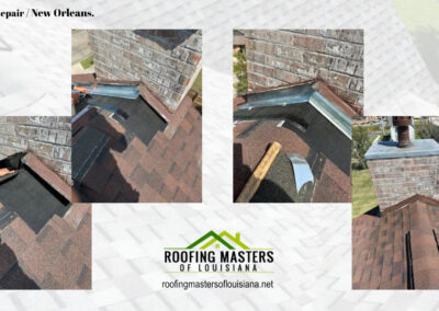 Collage of five images showing different stages of chimney repair on a residential roof, with the logo of roofing masters of louisiana.