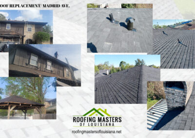 Collage of various roofing projects by roofing masters of louisiana, featuring close-ups of gray shingled roofs and a company logo with contact information.