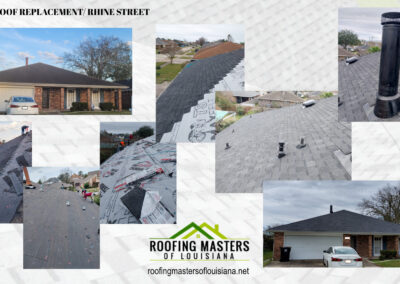 Collage showcasing various stages of a residential roof replacement on rhine street by roofing masters of louisiana, featuring before and after shots and detailed close-ups.