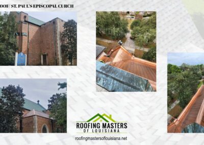 A collage displaying a copper roof installation at st. paul's episcopal church, with various stages of construction and the completed shiny copper roof.