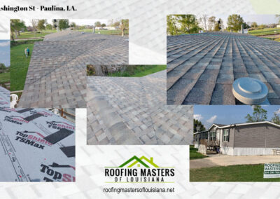 Collage of roofing work by roofing masters of louisiana, featuring close-up views of roofing materials, installation processes, and finished residential roofs.