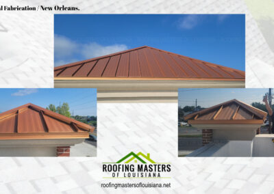 A promotional image for roofing masters of louisiana showing various angles of a newly installed copper sheet metal roof on a building, with clear skies above and the company's logo at the bottom.