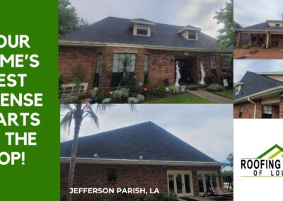 Promotional collage of three residential roofs with landscaped gardens, featuring a slogan "your home's best defense starts at the top!" and a logo for roofing masters of louisiana.