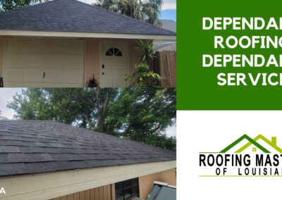 Advertisement for roofing masters of louisiana featuring two images of a house's roof, with the company's logo and slogan "dependable roofing, dependable service." located in kenner, la.