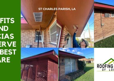 Collage of roof and soffit images with a tagline "Soffits and facias deserve the best care" and the logo for Roofing Masters of Louisiana.