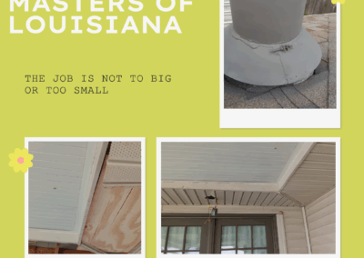 A collage showing roof and ceiling damage, including water stains, cracks, and a damaged roof fixture; text advertises Roofing Masters of Louisiana.