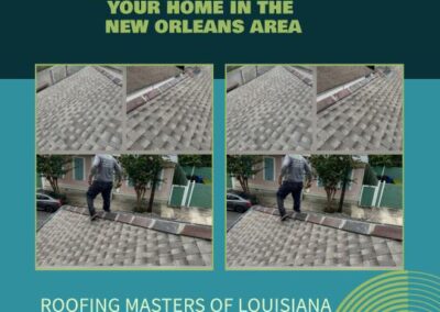 Collage showing a worker installing shingles on a residential roof with text promoting roofing services in the New Orleans area by Roofing Masters of Louisiana.