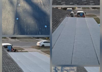 A series of photos showing a roof in various stages of repair, with new roofing material being installed alongside existing asphalt shingles.