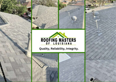 Collage of shingled rooftops with vents, surrounding the Roofing Masters of Louisiana logo and the slogan "Quality, Reliability, Integrity.